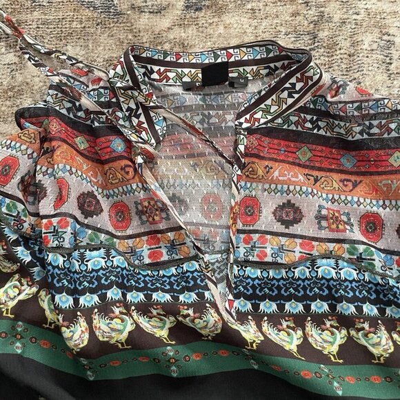 Desigual Sheer Chiffon Colorful Print Blouse Sz M Spain Boho Tribal Aztec Bishop - Picture 4 of 11